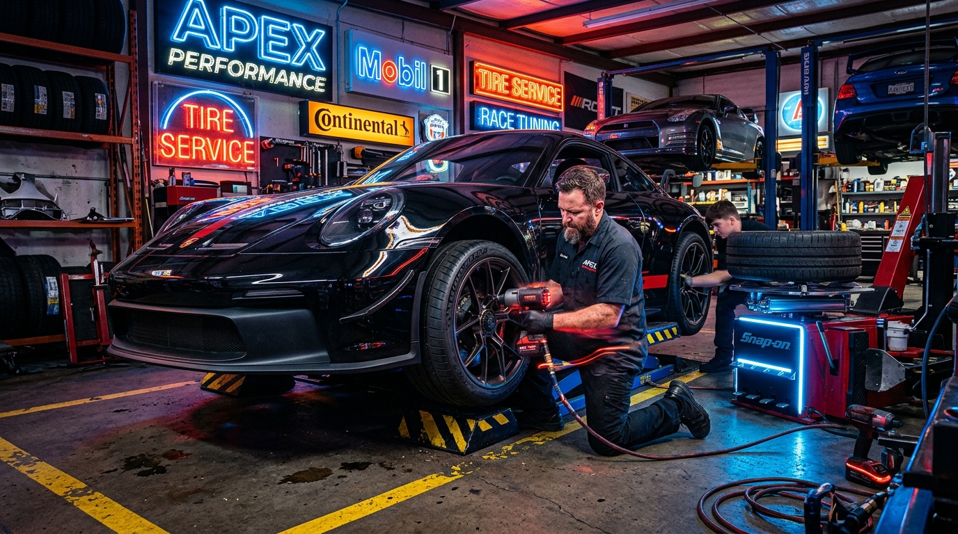 Mechanic performing high-speed tire service